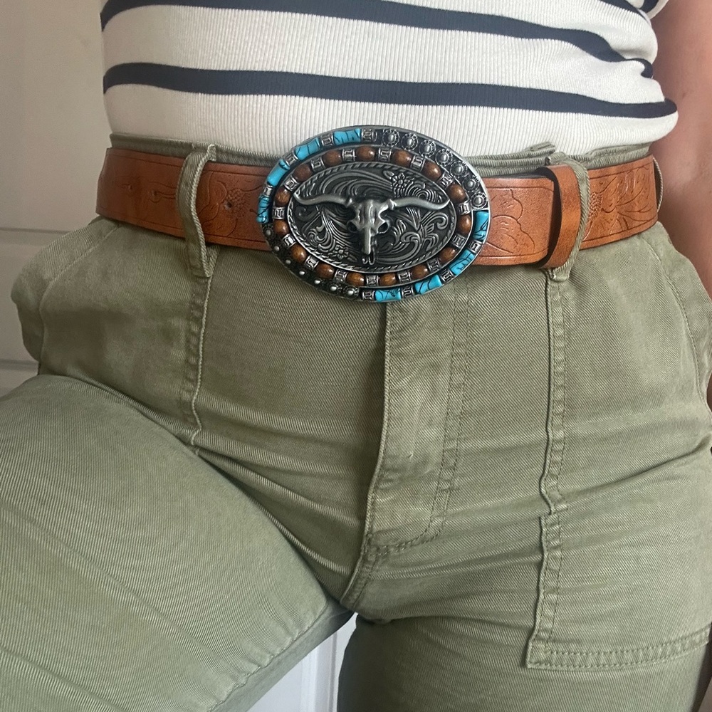 Embossed Tan Belt with Silver and Turquoise Buckle
